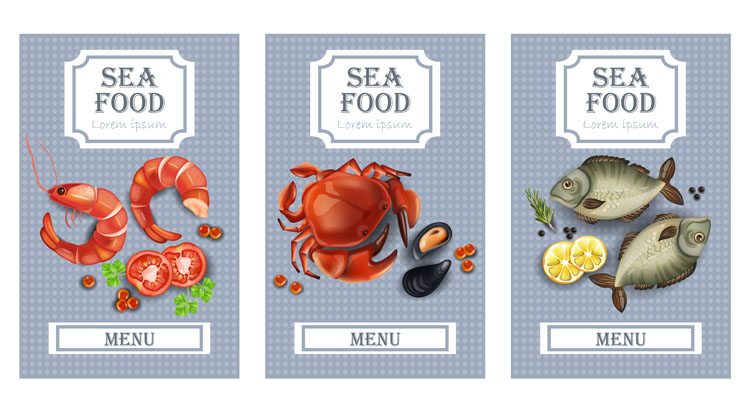 龙虾鱿鱼螃蟹海鱼等海鲜美食矢量插图